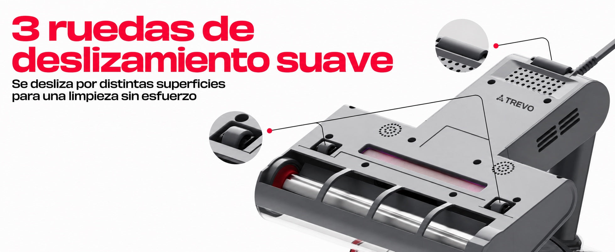 Tres ruedas de deslizamiento suave para limpiar cómodamente.
